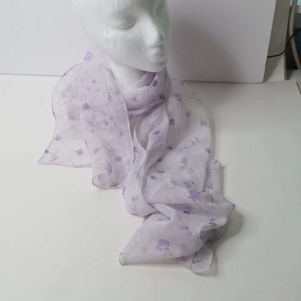 Vintage Sheer Lavender Floral Scarf Purple Flower Print Lightweight Wrap 60in